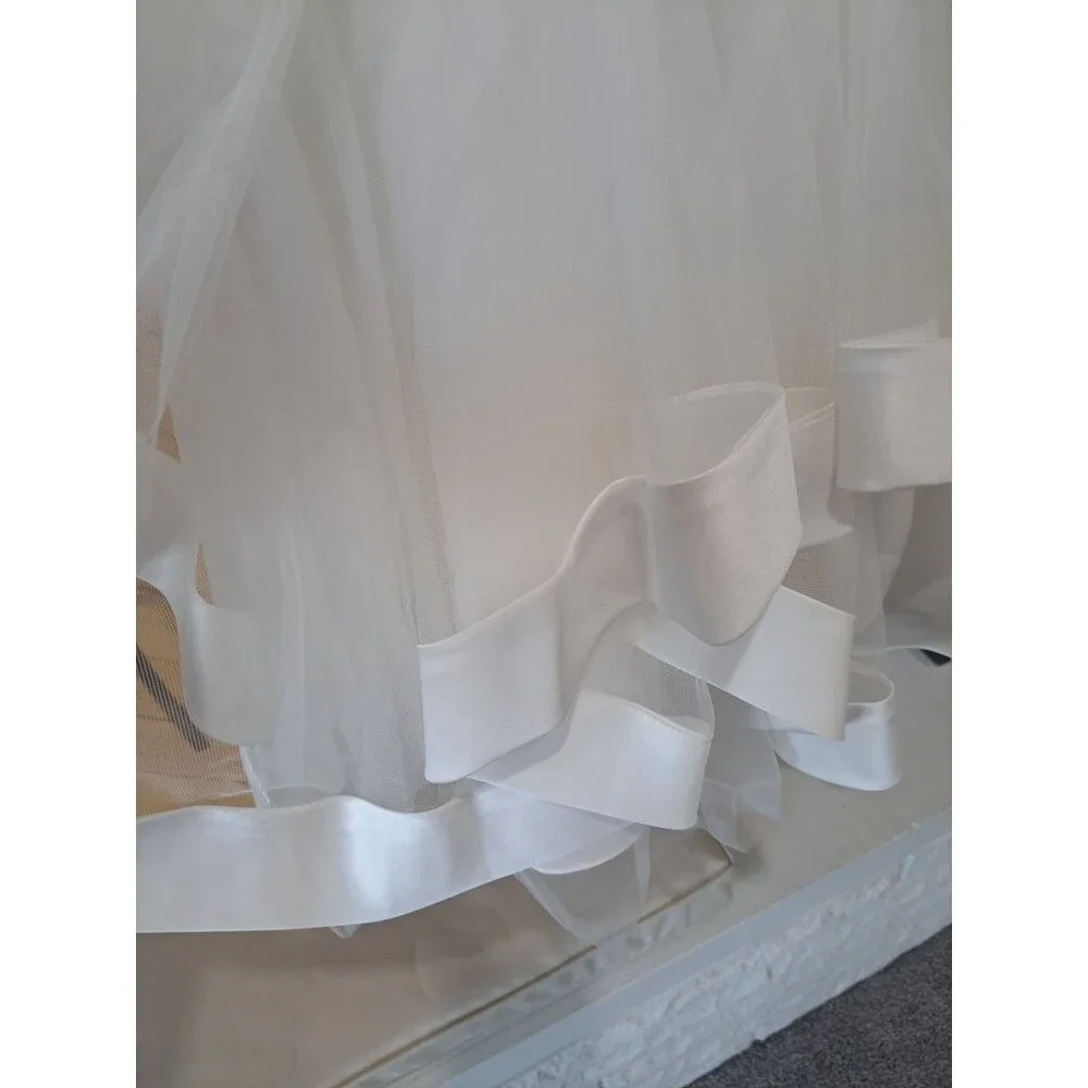 Davids Bridal Flower Girl Double Strap Dress Soft White  Satin Edge Hem Tulle 3 - Picture 3 of 8